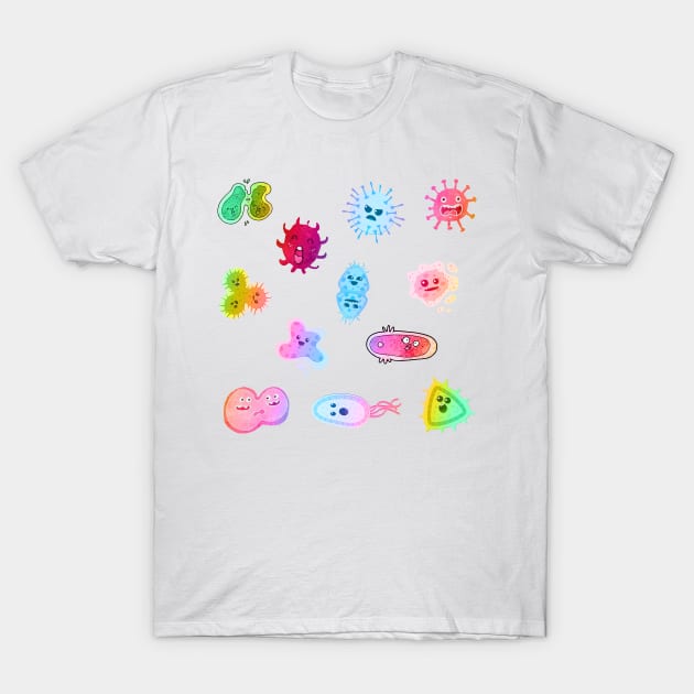 Cute Microbes Bacteria, Virus, Ecoli MicroBiology Seamless Pattern Sticker Pack. T-Shirt by labstud